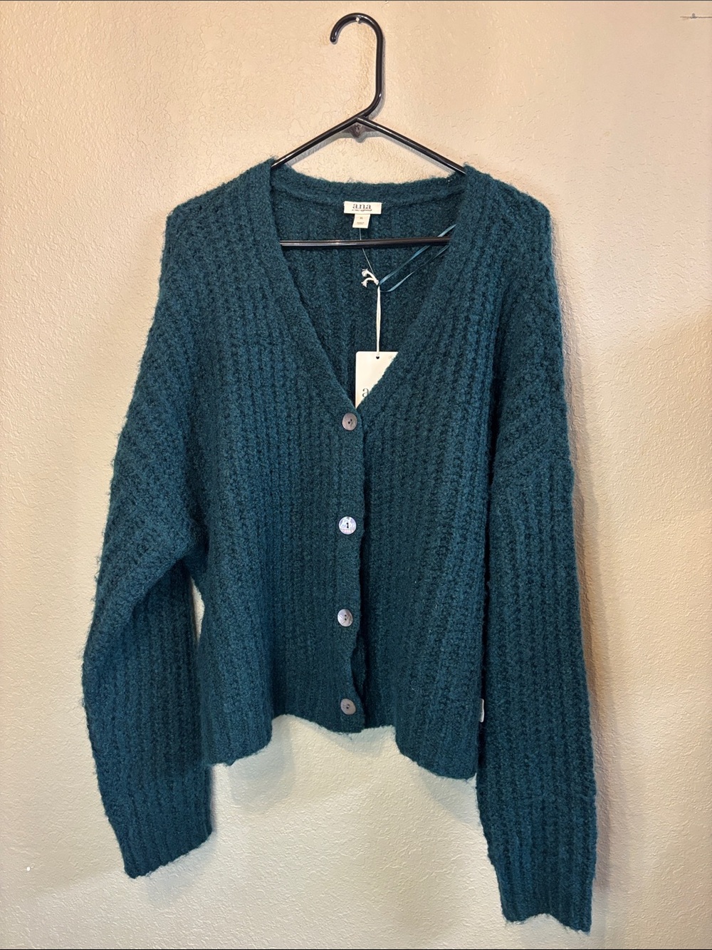 New A.N.A Sweater Dark Green Cable Knit Button Cardigan Preppy Casual Women’s XL